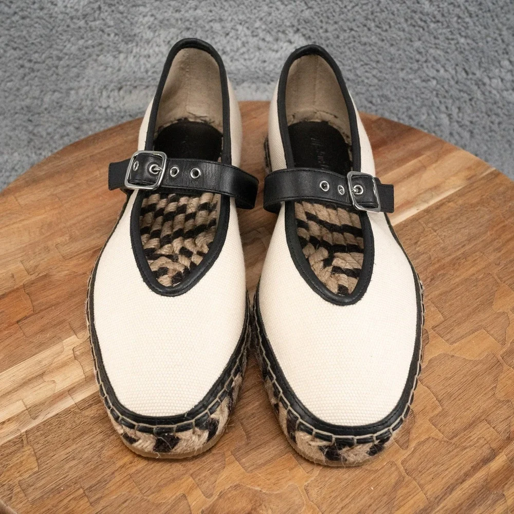 Madewell Remy Canvas Mary Jane Jute Espadrille Flats Cream Black Size 9.5